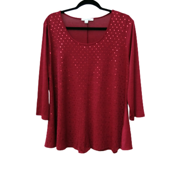 Women's Red Sparkly Top Size Large 3/4 Sleeve Scoop Neck Studio Works - Picture 1 of 6